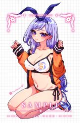 Rule 34 | 1girl, bae minah (chaesu), bare shoulders, bikini, blue eyes, blue hair, blue ribbon, commentary, commission, grid background, hair ribbon, hands up, highres, jacket, lianbiglian, long hair, long sleeves, looking at viewer, navel, off shoulder, open clothes, open jacket, orange jacket, original, ribbon, seiza, shoes, sitting, sneakers, solo, stomach, sweat, swimsuit, thighs, white background, white bikini