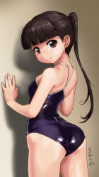 Rule 34 | 1girl, against wall, artist name, ass, beige background, black hair, blue one-piece swimsuit, blue school swimsuit, blunt bangs, brown eyes, competition school swimsuit, competition swimsuit, cowboy shot, dot nose, female focus, from behind, long hair, looking at viewer, looking back, one-piece swimsuit, original, ponytail, rohitsuka, school swimsuit, shiny clothes, signature, simple background, smile, solo, standing, swimsuit, wall, wet, wet clothes, wet swimsuit