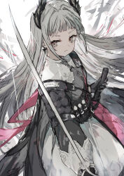 Rule 34 | 1girl, ammunition belt, arknights, black dress, black gloves, dress, fighting stance, gloves, grey eyes, grey hair, head wings, highres, holding, holding sword, holding weapon, irene (arknights), k futoshi 0n0, long sleeves, looking at viewer, multicolored clothes, multicolored dress, pink ribbon, ribbon, scabbard, sheath, simple background, solo, sword, weapon, white background, white dress, wings
