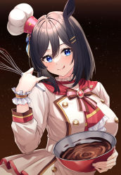 Rule 34 | 1girl, ;q, animal ears, black hair, blue eyes, blush, bob cut, bow, bowtie, breasts, brown bow, brown bowtie, buttons, chef hat, closed mouth, cooking, double-breasted, eishin flash (collect chocolatier) (umamusume), eishin flash (umamusume), hair between eyes, hair ornament, hairclip, hat, highres, horse ears, horse girl, large breasts, long sleeves, looking at viewer, medium hair, official alternate costume, one eye closed, pink bow, pink bowtie, primamiya, scrunchie, solo, tilted headwear, tongue, tongue out, two-tone bowtie, umamusume, wrist scrunchie