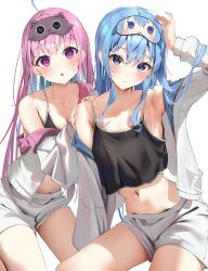 Rule 34 | 2girls, :/, :o, absurdres, ahoge, arm up, black camisole, blue eyes, blue hair, blush, breasts, camisole, cleavage, closed mouth, collarbone, eye mask, hair down, highres, hololive, hoshimachi suisei, jacket, long hair, looking at viewer, mask, mask on head, medium breasts, minato aqua, multiple girls, navel, open mouth, panda 0035, pink hair, purple eyes, short shorts, shorts, simple background, sleepwear, small breasts, star (symbol), star in eye, stomach, sweatdrop, symbol in eye, thighs, very long hair, virtual youtuber, white background, white jacket, white shorts