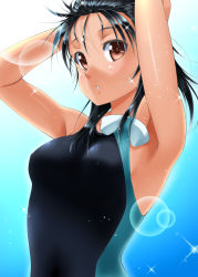 Rule 34 | 1girl, arms up, black hair, brown eyes, competition swimsuit, gradient background, highres, long hair, one-piece swimsuit, original, solo, sumeragi tomo, swimsuit