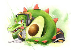 Rule 34 | 1boy, avocado, chain, chain necklace, finik, food, fruit, furry, furry male, gloves, gold chain, headphones, highres, jewelry, necklace, shoes, solo, sonic (series), tongue, tongue out, vector the crocodile, white gloves