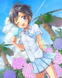 Rule 34 | 1girl, ;d, arm behind back, bare arms, black hair, blue eyes, blue skirt, blue sky, blush, breasts, chobitto, cloud, contrail, cowboy shot, day, dress shirt, dutch angle, flower, food, highres, holding, hydrangea, kingdom hearts, kingdom hearts 358/2 days, legs apart, lens flare, miniskirt, necktie, one eye closed, open mouth, outdoors, palm tree, pink flower, plaid, plaid necktie, plaid neckwear, plaid skirt, popsicle, purple flower, school uniform, shirt, short hair, short sleeves, skirt, sky, small breasts, smile, solo, teeth, tree, white shirt, xion (kingdom hearts)