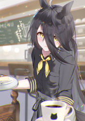 Rule 34 | 1girl, absurdres, alternate hairstyle, animal ears, apron, artist logo, artist name, black hair, black shirt, blurry, blurry background, buttons, chalkboard, coffee, coffee cup, collared shirt, cup, disposable cup, highres, holding, holding tray, horse ears, kabu usagi, long hair, long sleeves, looking at viewer, low ponytail, manhattan cafe (umamusume), neckerchief, parted lips, shirt, solo, steam, tray, umamusume, upper body, waist apron, yellow eyes, yellow neckerchief