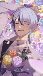 Rule 34 | 1boy, aoyagi touya, arm up, blue hair, bouquet, buttons, closed eyes, dark blue hair, flower, formal, highres, holding, holding bouquet, long sleeves, male focus, mole, mole under eye, multicolored hair, official alternate costume, open mouth, orange flower, project sekai, purple flower, ribbon, short hair, solo, split-color hair, textless version, two-tone hair, upper body, vivid bad squad (project sekai), yellow flower, yutan (pom draw)