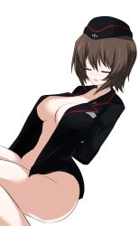 Rule 34 | 1girl, absurdres, aikir (jml5160), arms behind back, black hat, black jacket, blush, bottomless, breasts, brown eyes, brown hair, closed eyes, commentary, dutch angle, frown, garrison cap, girls und panzer, hat, highres, insignia, jacket, kuromorimine military uniform, long sleeves, medium breasts, military, military hat, military uniform, nishizumi maho, no shoes, open mouth, short hair, sitting, solo, uniform, wariza