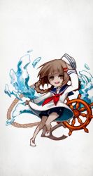 Rule 34 | 1girl, braid, brown hair, deemo, full body, girl (deemo), highres, invite (deemo), official art, sailor, salute, shorts, smile, solo, twin braids