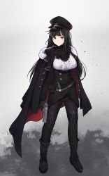 Rule 34 | 1girl, ammunition pouch, ascot, bad id, bad twitter id, black ascot, black cloak, black coat, black eyes, black footwear, black gloves, black hair, black hat, black jacket, black pants, blouse, boots, breasts, cape, center frills, cloak, closed mouth, coat, desert eagle, expressionless, framed breasts, frills, full body, fur-trimmed cloak, fur trim, gloves, gun, handgun, hat, highres, holding, holding weapon, hplay, jacket, jacket on shoulders, knee boots, large breasts, long hair, long sleeves, looking at viewer, military, military uniform, open clothes, open coat, original, pants, peaked cap, pistol, pouch, shirt, sidelocks, solo, standing, trigger discipline, uniform, very long hair, weapon, white shirt
