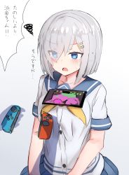 Rule 34 | 10s, 1girl, bad id, bad pixiv id, blue eyes, blush, commentary request, controller, eyes visible through hair, game controller, hair ornament, hair over one eye, hairclip, hamakaze (kancolle), highres, kantai collection, nintendo, nintendo switch, nonon (xenonbot), open mouth, sailor collar, school uniform, serafuku, short hair, silver hair, simple background, solo focus, splatoon (series), splatoon 2, squiggle, tawawa challenge, translated, upper body, wavy mouth, white background