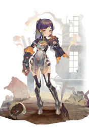 Rule 34 | 1girl, 98ysx, absurdres, android, chinese clothes, chinese commentary, commentary request, contrapposto, full body, gradient hair, highres, joints, looking at viewer, multicolored hair, orange eyes, orange hair, original, oversized forearms, oversized limbs, ponytail, purple hair, robot joints, rubble, see-through, solo, standing, two-tone hair