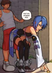 Rule 34 | 1boy, 1girl, aqua (kingdom hearts), armored boots, artist name, bare shoulders, beard, beard stubble, bent over, bike shorts, black corset, black shorts, black thighhighs, blue eyes, blue hair, boots, brown hair, chest strap, closed mouth, coin, corset, day, detached sleeves, english text, faceless, faceless male, facial hair, fingerless gloves, gloves, gold, gold coin, grey gloves, hair over one eye, highres, kingdom hearts, kingdom hearts birth by sleep, mariezone, one eye covered, open mouth, outdoors, reaching, red shorts, shade, shoes, short hair, shorts, sleeveless, sneakers, socks, speech bubble, stone wall, stubble, talking, tank top, thighhighs, twitter username, wall, white footwear, white tank top, yellow socks