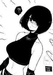 Rule 34 | !?, 1girl, angry, arms at sides, artist name, aura, bare shoulders, bob cut, breasts, dark aura, desyana laurentia, dutch angle, english text, facing viewer, frown, glasses, greyscale, highres, jewelry, looking at viewer, male hand, medium breasts, midriff, mole, mole under eye, monochrome, navel, necklace, norman maggot, original, short hair, speech bubble, spoken interrobang, spoken sweatdrop, sweatdrop, trembling, upper body