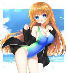 Rule 34 | 1girl, :d, bare shoulders, black jacket, blue eyes, blue one-piece swimsuit, blue sky, breasts, brown hair, cleavage, cloud, collarbone, commission, competition swimsuit, covered navel, day, fang, groin, jacket, large breasts, leaning forward, long hair, long sleeves, looking at viewer, ocean, off shoulder, one-piece swimsuit, open clothes, open jacket, open mouth, original, puffy long sleeves, puffy sleeves, shikito (yawa0w0), skeb commission, sky, sleeves past wrists, smile, solo, standing, swimsuit, swimsuit under clothes, very long hair, water, water drop