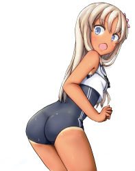 Rule 34 | 10s, 1girl, ass, bad perspective, bare shoulders, blonde hair, blue eyes, crop top, female focus, flower, from behind, hair flower, hair ornament, highres, kantai collection, lifebuoy, looking at viewer, nezirinko, one-piece swimsuit, ro-500 (kancolle), sailor collar, school swimsuit, shirt, simple background, sleeveless, sleeveless shirt, solo, swim ring, swimsuit, swimsuit under clothes, tan, tanline, thighs, wet, wet clothes