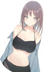 Rule 34 | 1girl, bare shoulders, blue eyes, breasts, brown hair, cleavage, halterneck, long hair, looking at viewer, lpip, medium breasts, navel, open clothes, original, shirt partially removed, solo, swimsuit, upper body, white background