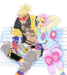Rule 34 | 1boy, 1girl, abs, animification, apex legends, bailian, bandaid on stomach, blonde hair, blue eyes, blue hair, blue jacket, blush, bodysuit, brown eyes, chain, chest tattoo, cornrows, crypto (apex legends), facial scar, gold chain, highres, holding, holding tablet pc, hood, hooded jacket, hype beast crypto, jacket, kawaii voltage wattson, looking down, navel, pectorals, pink bodysuit, pink headwear, scar, scar on cheek, scar on face, smile, sunglasses, tablet pc, tattoo, wattson (apex legends), yellow jacket