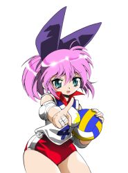 Rule 34 | 1girl, :d, ball, bandaged fingers, bandages, blue eyes, blush, buruma, cowboy shot, elbow pads, female focus, gym shirt, gym uniform, hair ornament, highres, holding, holding ball, jyobare, looking at viewer, open mouth, pink hair, pointing, pointing at viewer, recolor, red buruma, shirai sanjirou, shirt, short sleeves, simple background, smile, solo, standing, tsubame (jyobare), volleyball (object), white background, white shirt