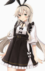 Rule 34 | 1girl, absurdres, alternate costume, black dress, black hairband, blonde hair, blush, closed mouth, cowboy shot, dress, frilled dress, frills, hair between eyes, hairband, heart, highres, kantai collection, long hair, looking at viewer, paid reward available, puffy sleeves, shimakaze (kancolle), shirt, sidelocks, simple background, smile, solo, white background, white shirt, yellow eyes, yunamaro