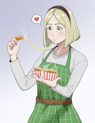 Rule 34 | 1girl, belt, blonde hair, brown hairband, dress, eating, food, food in mouth, food on face, francisco mon, green dress, green eyes, hairband, heart, heterochromia, highres, holding, mozzarella stick, original, parted bangs, solo, spoken heart, steam