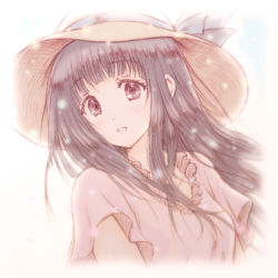 Rule 34 | 10s, 1girl, black hair, bluez, chitanda eru, collarbone, hat, hyouka, long hair, looking at viewer, muted color, portrait, purple eyes, simple background, solo, sun hat, tareme, white background