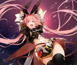 Rule 34 | 1boy, armor, arms behind head, arms up, astolfo (fate), astolfo (saber) (fate), belt, black bow, black bowtie, black gloves, black jacket, black ribbon, black shirt, black skirt, black thighhighs, blush, bow, bowtie, buttons, chain, coattails, cropped shirt, crossdressing, fate/grand order, fate (series), faulds, gloves, hair between eyes, hair bow, hair intakes, hair ribbon, highres, jacket, juliet sleeves, long hair, long sleeves, looking at viewer, low twintails, male focus, midriff, miniskirt, multicolored hair, navel, nishiide kengorou, open clothes, open jacket, open mouth, pink hair, pleated skirt, puffy sleeves, purple eyes, rabbit ears, rabbit pose, ribbon, shirt, skirt, solo, streaked hair, thighhighs, thighs, trap, twintails, white hair, wide sleeves, wing collar