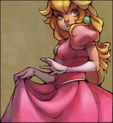 Rule 34 | 1girl, blonde hair, dress, earrings, gloves, gown, jewelry, loish, long hair, mario (series), md5 mismatch, nintendo, pink dress, princess, princess peach, resized, resolution mismatch, simple background, solo, source smaller, upscaled