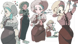 Rule 34 | 1girl, apron, ascot, breasts, brown apron, brown ascot, brown skirt, buttons, chef hat, creatures (company), expressions, game freak, gloves, green hair, hat, katy (pokemon), low side ponytail, medium breasts, mole, mole on cheek, multiple views, nintendo, ototoi (eevees813), pokemon, pokemon sv, puffy short sleeves, puffy sleeves, short sleeves, skirt, spider web print, translation request, underbust, waist apron