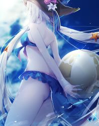 Rule 34 | 1girl, ass, back, ball, bare shoulders, beachball, bikini, blue bikini, blue sky, blurry, cloud, cloudy sky, cowboy shot, day, depth of field, fate/grand order, fate (series), from behind, from side, glint, hat, heart, highres, holding, holding ball, lens flare, long hair, marie antoinette (fate), marie antoinette (fate/grand order), marie antoinette (swimsuit caster) (fate), marie antoinette (swimsuit caster) (third ascension) (fate), outdoors, sky, solo, starfish, swimsuit, thighs, tr (hareru), twintails, very long hair, white hair