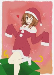 Rule 34 | + +, 1girl, absurdres, brown eyes, brown hair, hair ornament, hairclip, hat, heart, highres, hirasawa yui, k-on!, looking at viewer, one eye closed, open mouth, red hat, santa costume, santa hat, short hair, sleeves past wrists, socks, solo, teeth, upper teeth only, white socks, young savage