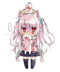 Rule 34 | ..., 1girl, :3, alternate eye color, animal, animal ears, animal print, bad id, bad pixiv id, black skirt, black thighhighs, blood, blood on clothes, blood on face, blue bow, blunt bangs, bow, cat, cat ears, cat hair ornament, cat print, chibi, covered mouth, eyebrows, fang, frilled skirt, frills, full body, fur trim, hair bow, hair ornament, holding, holding animal, long hair, long sleeves, masushita, miniskirt, neko atsume, no feet, no shoes, object on head, open mouth, personification, pink hair, pink shirt, pom pom (clothes), red eyes, scarf, shaded face, shirt, silver hair, simple background, skirt, smile, snowman, solo, spoken ellipsis, standing, striped clothes, striped scarf, thighhighs, two side up, very long hair, white background, winter clothes, yellow scarf, yukineko-san, zettai ryouiki