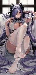 Rule 34 | 1girl, :o, arm garter, arm up, august von parseval (azur lane), august von parseval (the conquered unhulde) (azur lane), azur lane, black ribbon, breasts, cleavage, cleavage cutout, clothing cutout, commentary request, curled horns, dress, feet, foot up, foreshortening, frilled dress, frilled garter, frilled hairband, frills, full body, garter straps, hair over one eye, hairband, hand in own hair, hand up, highres, horns, indoors, lace, lace-trimmed legwear, lace trim, large breasts, legs, long hair, looking at viewer, maid, maid headdress, mechanical horns, momokan (kandume200), neck ribbon, no shoes, official alternate costume, one eye covered, parted lips, purple eyes, purple hair, ribbon, see-through, see-through legwear, sitting, sleeveless, sleeveless dress, solo, thighhighs, thighs, toes, two-tone dress, very long hair, white dress, white garter straps, white hairband, white thighhighs