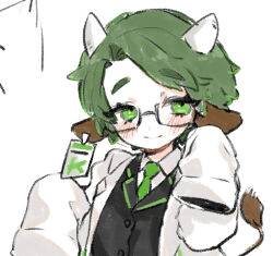 Rule 34 | 1boy, animal ears, black jacket, blush, closed mouth, coat, collared shirt, cow ears, cow horns, cow tail, dongrang (project moon), glasses, green eyes, green hair, green necktie, horns, jacket, limbus company, necktie, project moon, shirt, simple background, smile, solo, tail, uchimura (rino0525), upper body, white background, white coat, white shirt