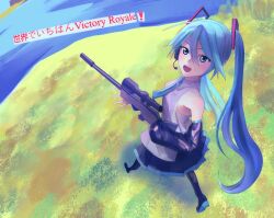 1girl bare_shoulders blue_eyes blue_hair day fortnite grass gun hatsune_miku highres holding holding_gun holding_weapon horizon long_hair long_sleeves perspective rifle vocaloid water weapon xhianxeh