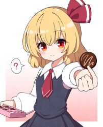 Rule 34 | 1girl, ?, blonde hair, blush, box, box of chocolates, chocolate, collared shirt, food, hair ornament, highres, holding, holding box, holding food, long sleeves, looking at viewer, medium hair, necktie, outstretched arm, red eyes, rumia, shirt, skirt, skirt set, smile, solo, spoken question mark, takapi 3, touhou