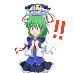 Rule 34 | !, !!, arm ribbon, black skirt, cato (monocatienus), clenched hands, commentary, cowboy shot, epaulettes, frilled skirt, frills, green eyes, green hair, hands on own chest, hat, hat ribbon, juliet sleeves, long sleeves, open mouth, puffy sleeves, ribbon, shiki eiki, simple background, skirt, solo, surprised, tears, touhou, vest, wavy mouth, white background, wide-eyed