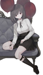 Rule 34 | 1girl, absurdres, balloon, black footwear, black skirt, black socks, breasts, closed mouth, collared shirt, commentary request, couch, dress shirt, full body, grey hair, hair over one eye, highres, holding, holding balloon, loafers, long hair, long sleeves, looking at viewer, ogami ren, on couch, original, red eyes, shirt, shoes, simple background, skirt, small breasts, socks, solo, white background, white shirt