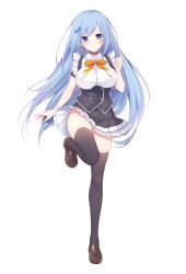 Rule 34 | 1girl, arm strap, black thighhighs, blue eyes, blue hair, blush, breasts, brown footwear, choker, closed mouth, collarbone, emori miku, frills, full body, hair ornament, hairclip, hand up, heart, heart choker, highres, large breasts, leg up, liver city, loafers, long hair, looking at viewer, miko (royal milk), official art, orange neckwear, shirt, shoes, sidelocks, simple background, skirt, sleeveless, sleeveless shirt, smile, solo, standing, standing on one leg, thighhighs, thighs, underbust, very long hair, white background, white shirt