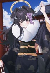 Rule 34 | 1girl, alternate costume, animal ears, bag, black hair, black kimono, black sash, blue archive, blue sky, blush, cloud, cloud print, cloudy sky, commentary request, danbal, dog ears, dog girl, dog tail, flower, fur-trimmed kimono, fur trim, hair flower, hair intakes, hair ornament, halo, hand up, handbag, hibiki (blue archive), highres, holding, holding bag, japanese clothes, kimono, long hair, looking at viewer, obi, one eye closed, outdoors, parted bangs, parted lips, purple eyes, purple flower, sash, shrine, simple background, sky, solo, tail, torii, upper body, waving, white background, wide sleeves, yellow halo