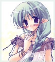 Rule 34 | 1girl, blush, braid, elf, green hair, hair over shoulder, long hair, pointy ears, ryouka (suzuya), simple background, single braid, solo
