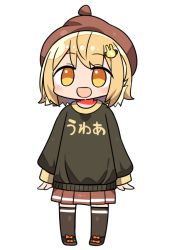 Rule 34 | 1girl, :d, animare, beanie, black footwear, black shirt, black thighhighs, blonde hair, brown eyes, brown hat, brown skirt, chibi, full body, hair ornament, hat, inaba haneru (animare), kanikama, long sleeves, nanashi inc., open mouth, pleated skirt, puffy long sleeves, puffy sleeves, rabbit hair ornament, shirt, shoes, simple background, skirt, sleeves past wrists, smile, solo, standing, thighhighs, virtual youtuber, white background