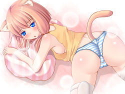 Rule 34 | 1girl, animal ears, ass, blush, breasts, brown hair, cat ears, cat girl, cat tail, chibimame, female focus, medium breasts, nipples, original, panties, pillow, solo, striped clothes, striped panties, tail, thighhighs, underwear