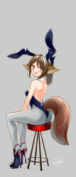 Rule 34 | 1girl, :p, absurdres, animal ears, arknights, ass, bare shoulders, blue hairband, blush, breasts, chocolatice, closed mouth, clothing cutout, detached collar, fake animal ears, fox ears, fox girl, fox tail, from behind, grey background, grey pantyhose, hairband, high heels, highres, long hair, looking at viewer, looking back, medium breasts, pantyhose, perfumer (arknights), ponytail, rabbit ears, red footwear, sideboob, simple background, smile, solo, stool, tail, tail through clothes, tongue, tongue out
