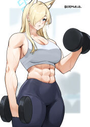 Rule 34 | 1girl, abs, absurdres, animal ear fluff, animal ears, bare shoulders, blonde hair, blue archive, blue eyes, blurry, blurry background, breasts, collarbone, commentary, commission, cowboy shot, cromwellb, curvy, dumbbell, hair over one eye, halo, heavy breathing, highres, holding, kanna (blue archive), large breasts, long hair, looking to the side, muscular, muscular female, pants, parted lips, pixiv commission, sharp teeth, solo, sports bra, sweat, teeth, thick thighs, thighs, toned, twitter username, white sports bra, yoga pants