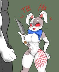 Rule 34 | 1boy, 1girl, animal costume, artist request, breasts, rabbit costume, character request, costume, faceless, faceless male, five nights at freddy&#039;s, five nights at freddy&#039;s: security breach, highres, holding, holding knife, knife, laughing, looking at another, open mouth, rabbit ears, rabbit tail, smile, standing, vanny (fnaf)