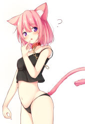 Rule 34 | 1girl, ?, animal ear fluff, animal ears, black camisole, black panties, camisole, cat ears, cat tail, chain, chain leash, chain, collar, crop top, finger to mouth, highres, leash, lowleg, lowleg panties, navel, open mouth, original, panties, pink hair, purple eyes, short hair, solo, strap slip, tail, underwear, underwear only