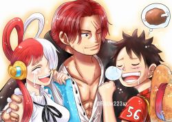 Rule 34 | 1girl, 2boys, absurdres, age difference, artist request, black hair, blush, breasts, carrying, dreaming, dress, facial hair, father and daughter, food, grin, happy, happy end, hat, headphones, highres, hug, large breasts, laughing, long hair, looking at another, monkey d. luffy, multicolored hair, multiple boys, muscular, one piece, one piece film: red, pectorals, red hair, saliva, saliva trail, scar, scar across eye, shanks (one piece), short hair, simple background, size difference, sleeping, smile, speech bubble, spoilers, straw hat, twitter username, two-tone hair, uta (one piece), very long hair, white dress