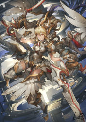 Rule 34 | 1girl, armor, blonde hair, cocoaore, highres, holding, holding sword, holding weapon, looking at viewer, mecha, original, parted lips, red eyes, robot, sword, thighhighs, weapon, white thighhighs