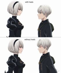 Rule 34 | 1boy, 1girl, 2b (nier:automata), 9s (nier:automata), black dress, black hairband, black shirt, blue eyes, breasts, closed eyes, closed mouth, commentary, dress, english text, expressionless, from side, grey hair, grin, hairband, height difference, highres, juliet sleeves, lips, long sleeves, medium breasts, nier:automata, nier (series), pink lips, profile, puffy sleeves, shirl geem, shirt, short hair, simple background, smile, teeth, white background