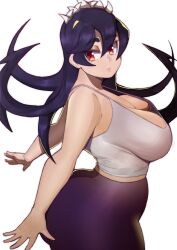 Rule 34 | 1girl, absurdres, alternate costume, ass, black hair, breasts, cowboy shot, doublehero, filia (skullgirls), from side, highres, huge ass, large breasts, long hair, red eyes, skullgirls, solo, tank top, thick thighs, thighs, white background